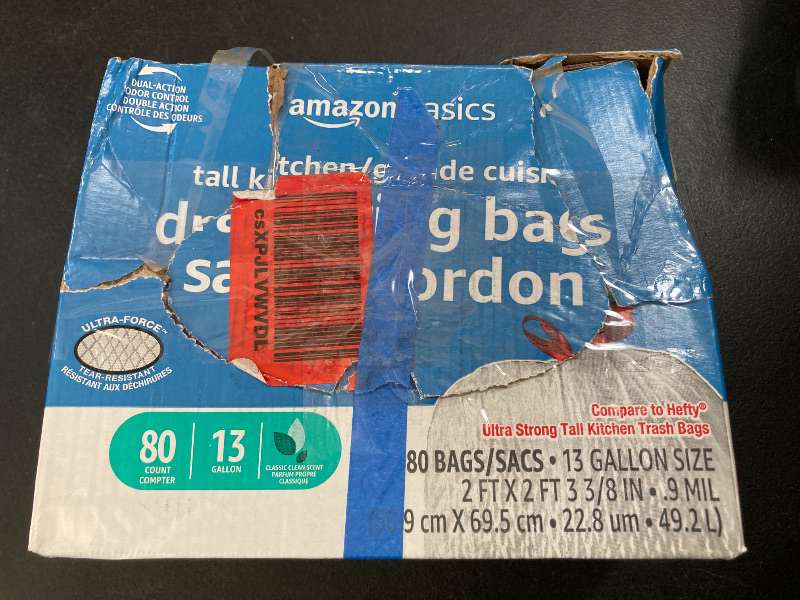 Photo 1 of Amazon Basics Ultra-Force Tall Kitchen Drawstring Trash Bags, Classic Clean Scented, 13 Gallon, 80 Count, Pack of 1