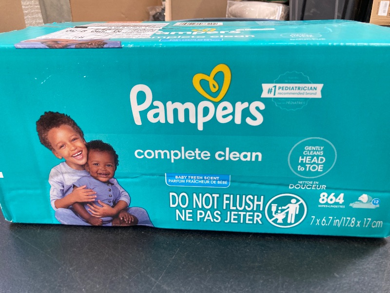 Photo 1 of Pampers Baby Wipes, Complete Clean Baby Fresh Scented Wipe, Gently Cleans Head to Toe, 864 Total (12 Flip-Top Packs)