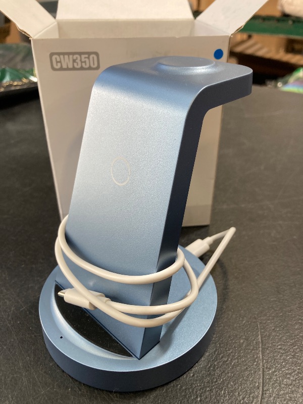 Photo 1 of 3 in 1 Charging Station for iPhone, Wireless Charger for iPhone 16e 16 15 14 13 12 11 X Pro Max & Apple Watch - Charging Stand Dock for AirPods (Blue)