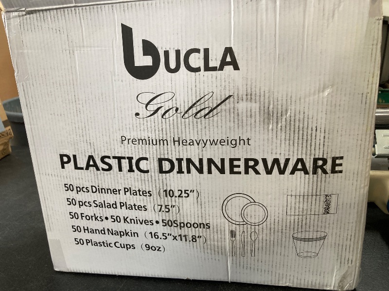 Photo 1 of bUCLA 350PCS Gold Plastic Dinnerware Set - Gold Disposable Dinnerware for 50 Guests, Includes 50 Dinner Plates, 50 Dessert Plates, 50 Forks, 50 Knives, 50 Spoons, 50 Cups & 50 Napkins for Party