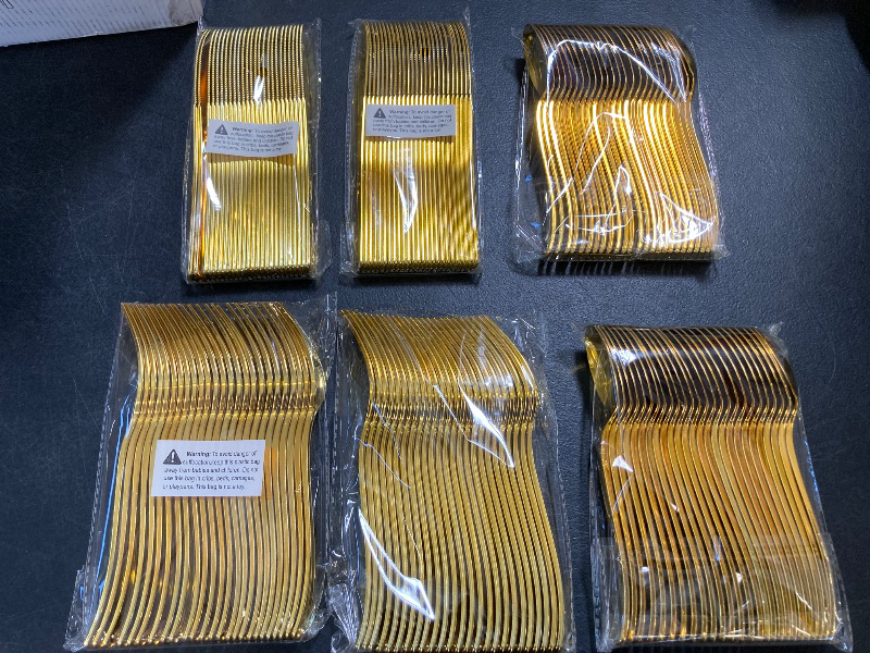 Photo 1 of bUCLA 350PCS Gold Plastic Dinnerware Set - Gold Disposable Dinnerware for 50 Guests, Includes 50 Dinner Plates, 50 Dessert Plates, 50 Forks, 50 Knives, 50 Spoons, 50 Cups & 50 Napkins for Party