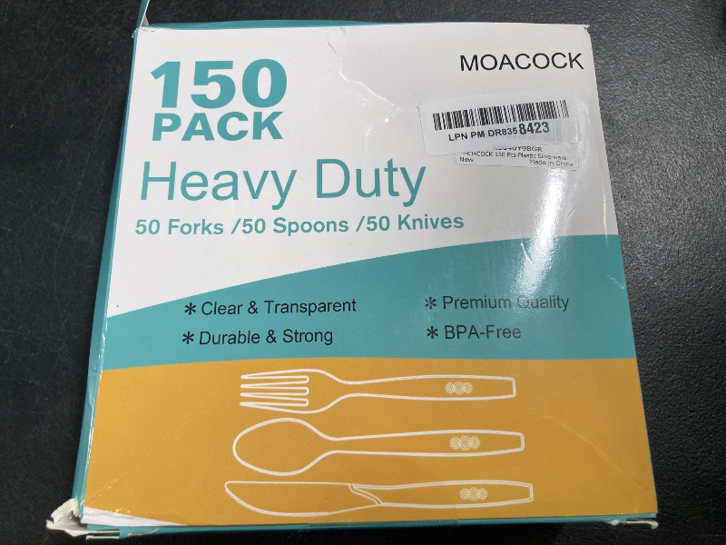 Photo 1 of MOACOCK 150 Pcs Clear Plastic Silverware, Heavy Weight Plastic Forks Spoons Knives Disposable Utensils Cutlery Set for Wedding Party Supplies Everyday Use