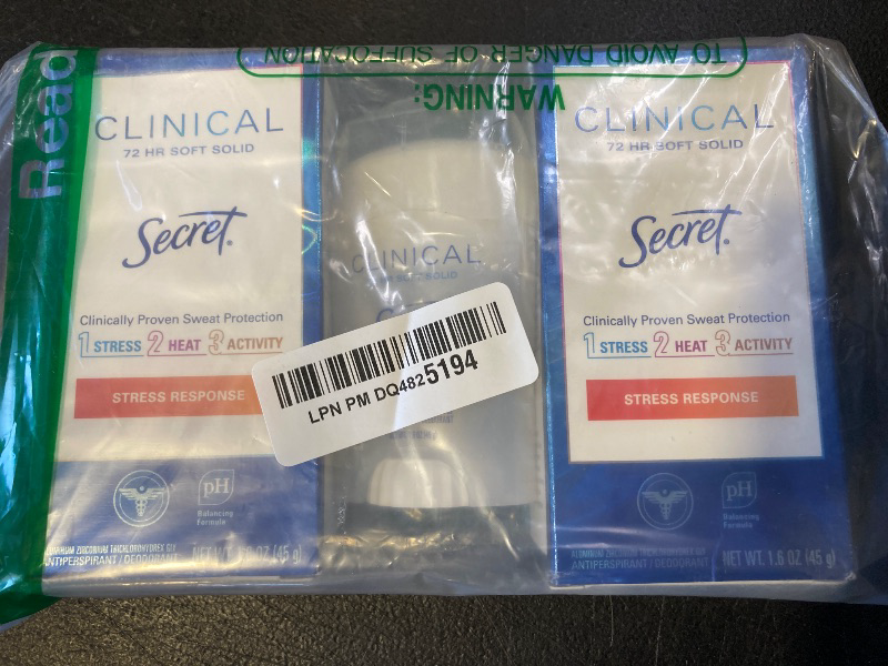 Photo 1 of Secret Clinical Strength Antiperspirant Deodorant for Women, Stress Response, 3X Stress Protection, 72hr Sweat & Odor Protection, PH Balancing Minerals, Soft Solid, 1.6 oz (Pack of 3)