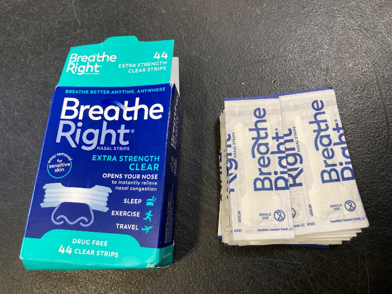Photo 1 of Breathe Right Nasal Strips | Extra Strength | Clear | For Sensitive Skin I Drug-Free Snoring Solution & Nasal Congestion Relief Caused by Colds & Allergies | 44 Count (Packaging May Vary)