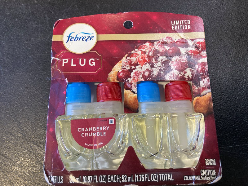 Photo 1 of Febreze Plug In Air Freshener, Odor-Fighting Scented Oil Refill, Air Fresheners for Home and Bathroom and Kitchen, Long Lasting for Strong Odors, Cranberry Crumble Scent, 0.87oz Refills, 2 Count