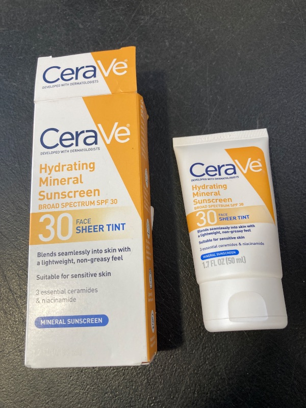 Photo 1 of CeraVe Hydrating Mineral Sunscreen SPF 30 with Sheer Tint, Tinted Mineral Sunscreen with Zinc Oxide & Titanium Dioxide, Blends Seamlessly For Healthy Glow, Medium, 1.7 Fluid Ounce