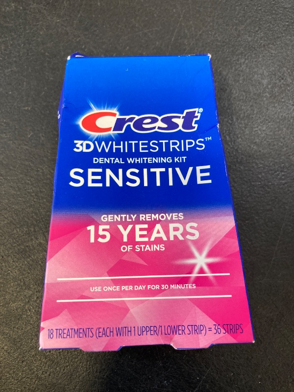 Photo 1 of Crest 3D Whitestrips Sensitive At-Home Teeth Whitening Kit, 18 Treatments, Gently Removes 15 Years of Stains, Crest Whitestrips, Teeth Whitening Kit