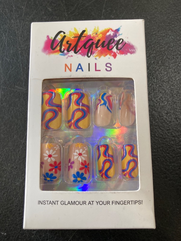 Photo 1 of Artquee 24pcs Rainbow Square Press on Nails Medium Length Fake Nail Art with Colorful Swirl Flower Designs Acrylic Nail Reusable Artificial Glossy Nails in 12 Sizes Stick on False Nails Tips for Women