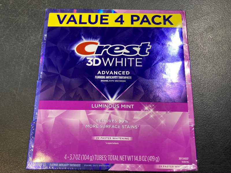 Photo 1 of Crest 3D White Advanced Luminous Mint Teeth Whitening Toothpaste, Crest Toothpaste, 3.7 oz Pack of 4 - Helps Remove Surface Stains, Whitens Teeth, Strengthens Tooth Enamel, Protects Against Cavities