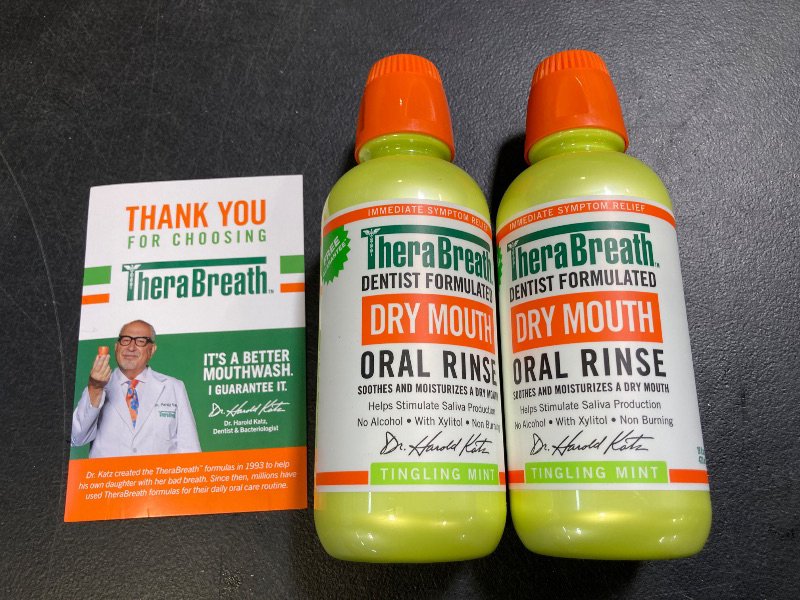 Photo 1 of TheraBreath Dry Mouth Oral Rinse, Tingling Mint, Dentist Formulated, 16 Fl Oz (2-Pack)