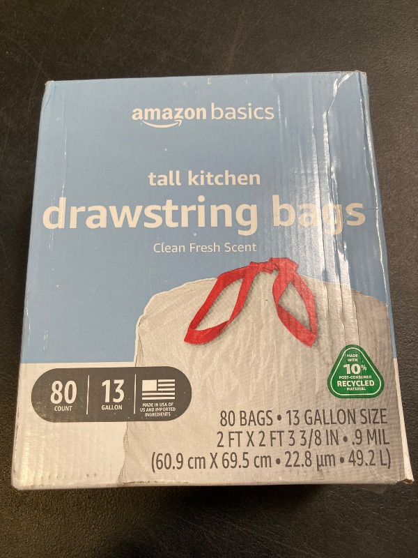 Photo 1 of Amazon Basics 13 Gallon Tall Kitchen Drawstring Trash Bags, Clean Fresh Scent, 10% Post Consumer Recycled, 80 count