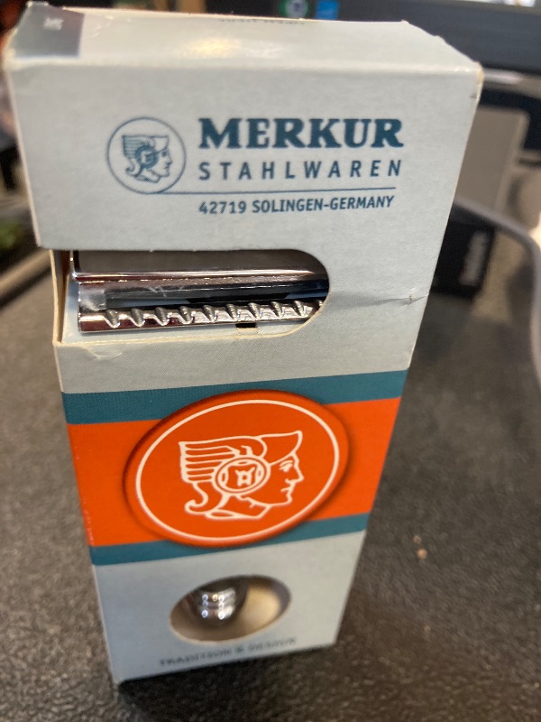 Photo 1 of MERKUR 38C Double Edge Safety Razor - Bright Chrome, Extra Large Barber Pole Grip Brass Handle, Made in Germany, Plastic-Free, Two Piece Design, Closed Comb, Straight Bar