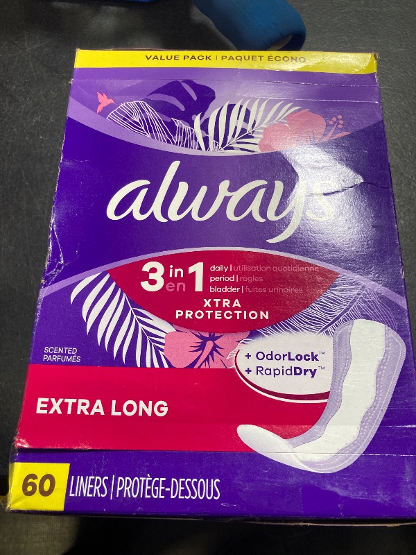 Photo 1 of Always Daily Extra Protect Liners, Extra Long Length, Scented Panty Liners, Feel Clean and Comfortable for up to 10 Hours, 60 Count (Packaging May Vary)