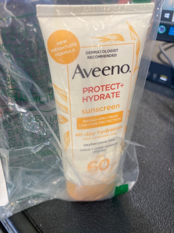 Photo 1 of Aveeno Protect + Hydrate Moisturizing Body Sunscreen Lotion with Broad Spectrum SPF 60 & Prebiotic Oat, Weightless & Refreshing Feel, Paraben-Free, Oil-Free, Oxybenzone-Free, 3.0 fl. oz