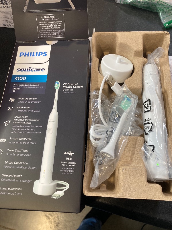 Photo 1 of Philips Sonicare 4100 Rechargeable Electric Toothbrush, with Pressure Sensor, 2 Intensity Settings, SmarTimer and QuadPacer, 14-Day Battery Life, White, Model HX3681/23