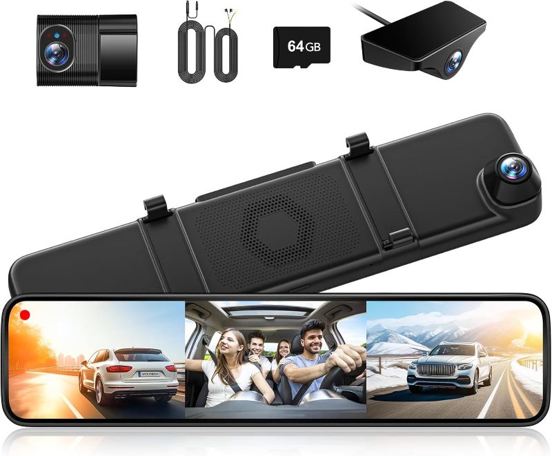 Photo 1 of WOLFBOX G890 12" 3 Channel Mirror Dash Cam, 2K Triple Rear View Mirror Camera, 4K Dash Cam Mirror Front and Rear with Hardwire Kit, Touch Screen Backup Camera with Motion Detection, GPS & 64GB Card
