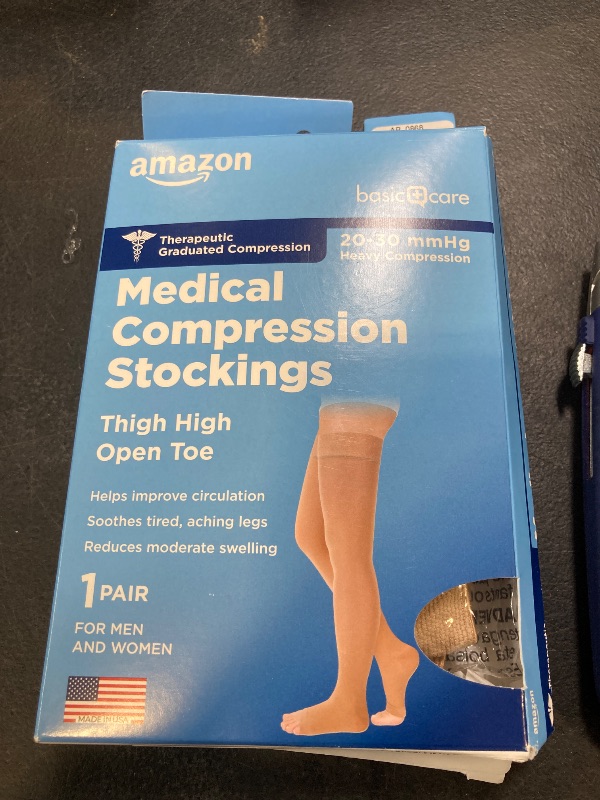 Photo 1 of Amazon Basic Care Medical Compression Stockings, 20-30 mmHg Support, Women & Men Thigh Length Hose, Open Toe, Beige, 2X-Large (Previously NuVein)