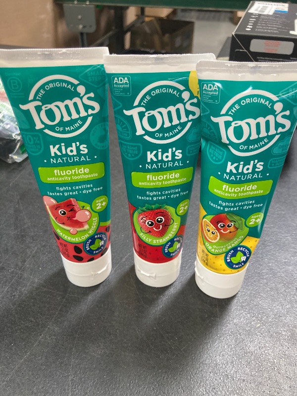 Photo 1 of Tom’s of Maine Anticavity Kids Natural Toothpaste Variety Pack, Strawberry, Orange Mango, Watermelon Flavors, Kids Toothpaste with Fluoride, Safe for Ages 2 and Up, 5.1 oz (Pack of 3)