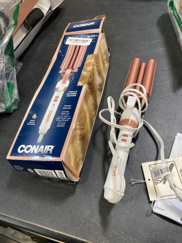 Photo 1 of Conair Double Ceramic 3 Barrel Curling Iron, Hair Waver, Create Beachy Waves, Long-Lasting Natural Tight Waves for all Hair Lengths, White / Rose Gold