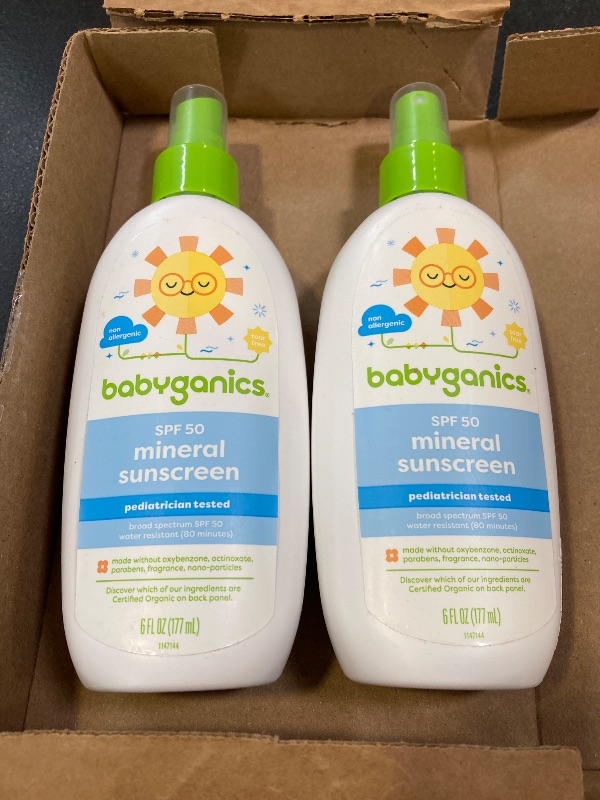 Photo 1 of Babyganics SPF 50 Baby Sunscreen Spray | UVA UVB Protection | Octinoxate & Oxybenzone Free | Water Resistant, Unscented, 6 Fl Oz (Pack of 2)
