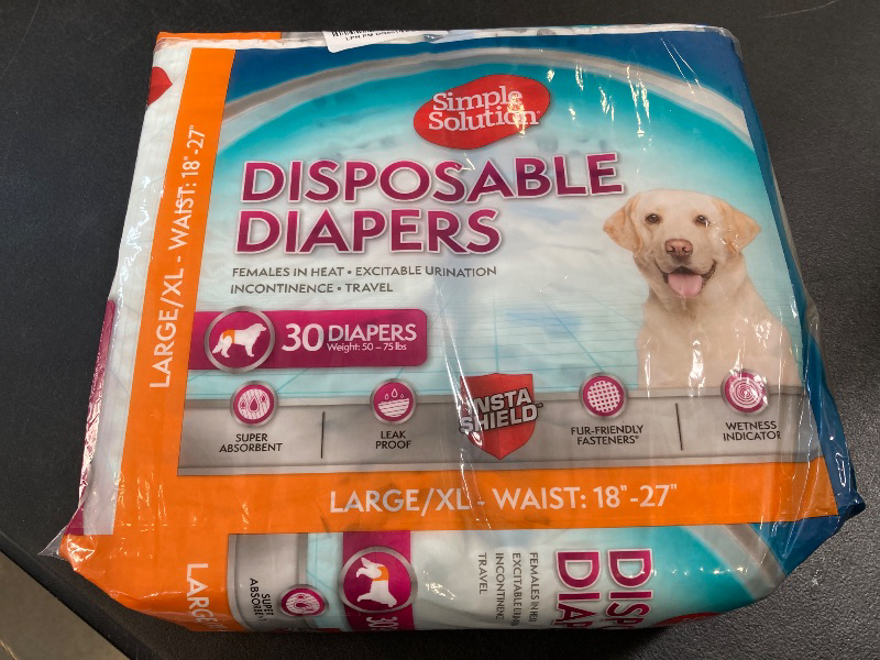 Photo 1 of Simple Solution Disposable Dog Diapers, Female Dog Diapers, Puppy Potty Training, Incontinence and Heat Cycle Protection, Large Diapers for Dogs, 18-27 Inch Waist, 30 Count