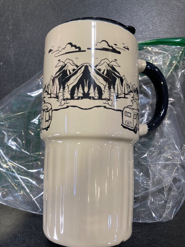 Photo 1 of KERMANDO Ceramic Travel Coffee Mug with Lid and Straw - 20 oz Camper Design, Spill-Proof, Reusable for Hot and Cold Beverages, Black and Beige