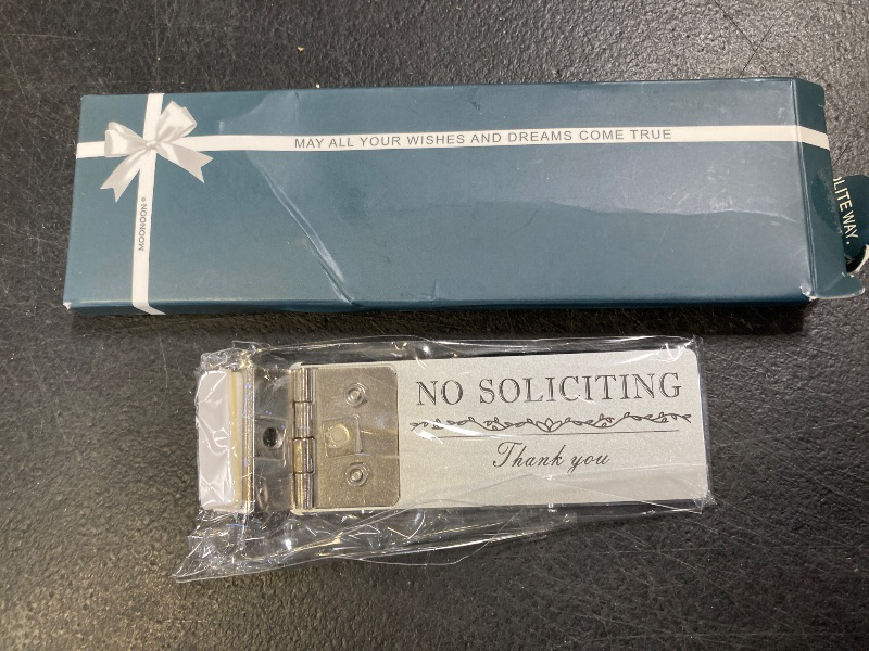 Photo 1 of MOONOON No Soliciting Sign Doorbell Cover, Flipable DO NOT DISTURB & NO SOLICITING Door Bell Signs, Easy Mounting, No Solicitors Blocker for Ring/Other Video Doorbells, No Disturb Tag for Home Offices, Night Shifts, Sleeping Babies (Silver, Right)