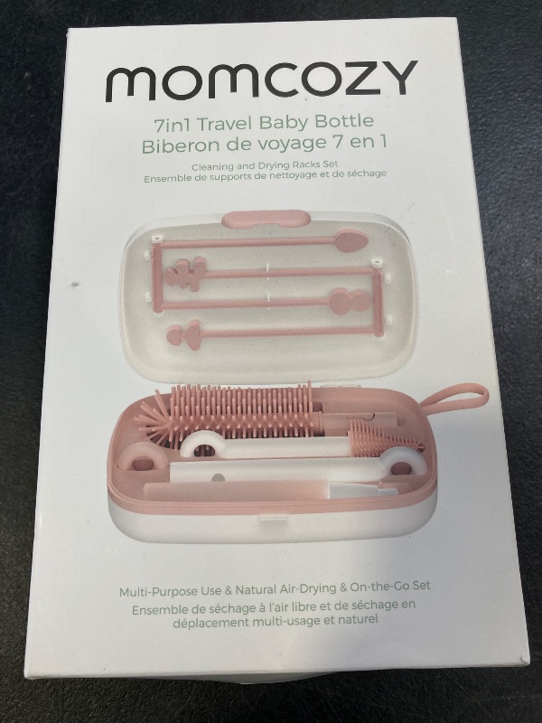 Photo 1 of Momcozy Bottle Brush Set - Baby Bottle Cleaner Kit with Silicone Brush, Nipple Brush, Straw Brush, Soap Dispenser, Drying Rack - 7 in 1 Bottle Cleaning Tool for Home and Travel, Pink
