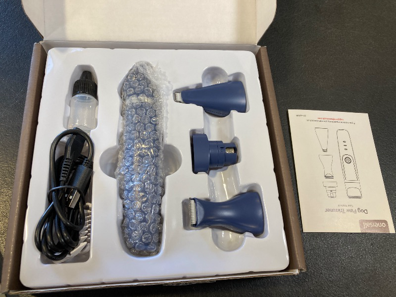 Photo 1 of oneisall 4-in-1 Cordless Dog Grooming Kit with 2-Speed Clippers, Low Noise Paw Trimmer & Rechargeable Quiet Nail Grinder for Dogs and Cats (blue)