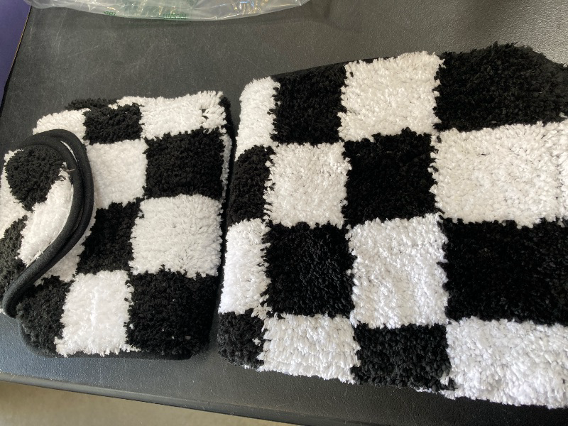 Photo 1 of Sivilife Checkered Bathroom Rug Sets 2 Piece, Black and White Bathroom Mat Set Non Slip Water Absorbent Toilet Rug U Shaped Washable, Microfiber Shag Bath Mat Contour Rug, 20"X32" and U-Shaped 20"X24"