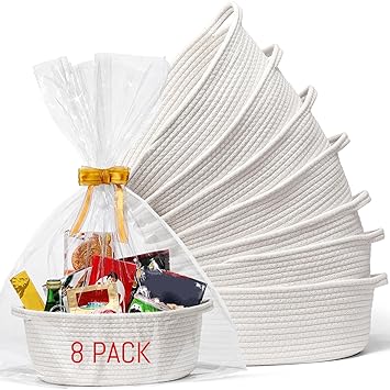 Photo 1 of 8 Pack Small Woven Basket with Gift Bags and Ribbons, All 12"x 8"x 5", Empty Decorative Gift Chest Box, Cute Baby Gift Basket for Nursery, Cotton Rope Room Shelf Storage Basket with Handles, White