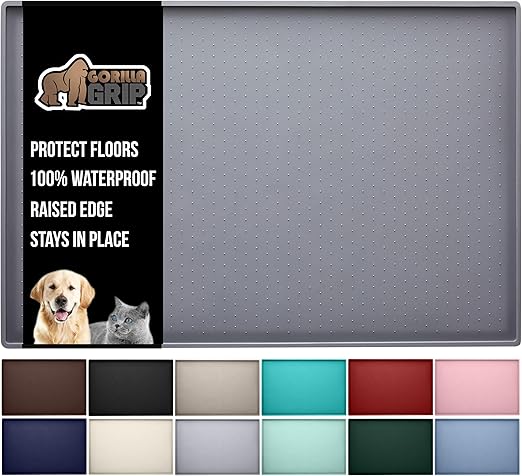 Photo 1 of GORILLA GRIP 100% Waterproof Raised Edge BPA Free Silicone Pet Feeding Mat, Dog Cat Food Mats Contain Spills Protects Floors, Placemats for Cats and Dogs Water Bowl, Pets Accessories 18.5x11.5 Gray