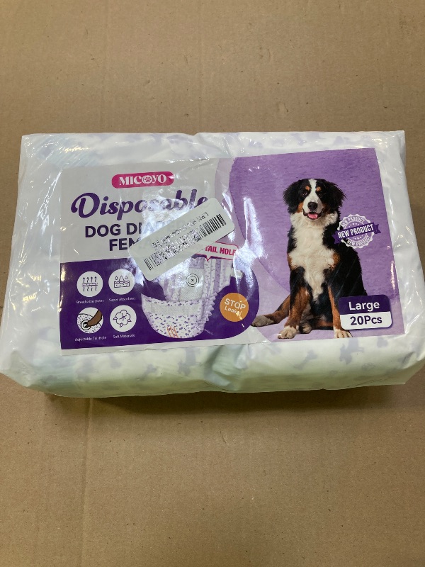 Photo 1 of MICOOYO Disposable Dog Diapers Female, Doggie Diapers for Dogs Female, Super Absorbent Pet Diapers Foam Tail Hole Girl Dog Diapers for Heat, Comfortable Puppy Diapers (Large, 20Count)