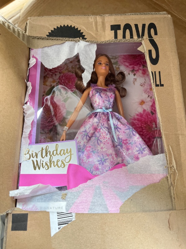 Photo 1 of Barbie Signature Birthday Wishes Doll, Collectible in Satiny Lilac Dress with Wavy Brown Hair