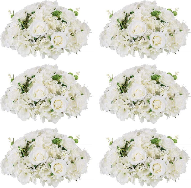 Photo 1 of BLOSMON Artificial Flower Balls Wedding Centerpieces 6 Pcs 15.7" Large White Fake Flowers Rose Hydrangea Ball Arrangement Center Pieces for Table Silk Floral Bouquet for Wedding Party Home Decor
