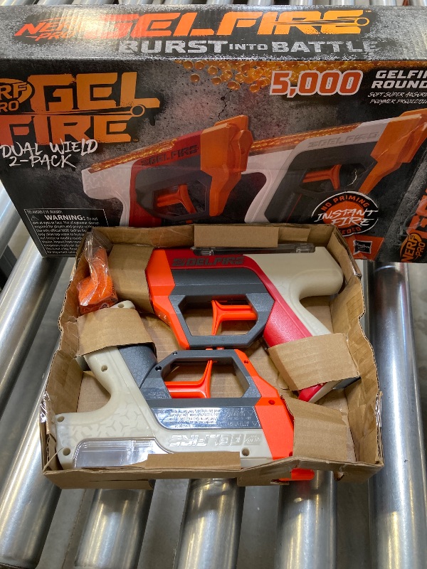 Photo 1 of Nerf Pro Gelfire Dual Wield Pack, 2 Blasters, No-Prime Firing, 5000 Gelfire Rounds, 2X 100 Round Integrated Hoppers, 2 Eyewear, Ages 14 & Up