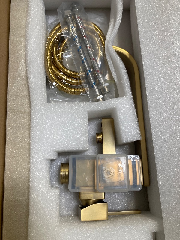 Photo 1 of Freestanding Bathtub Faucet Brushed Gold Floor Mount Waterfall Tub Filler High Flow with Hand Shower Solid Brass 360 Degree Swivel Standing Mixer Taps for Bathroom
