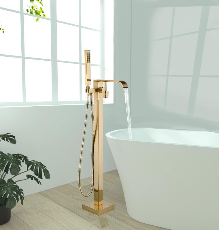 Photo 1 of Freestanding Bathtub Faucet Brushed Gold Floor Mount Waterfall Tub Filler High Flow with Hand Shower Solid Brass 360 Degree Swivel Standing Mixer Taps for Bathroom
