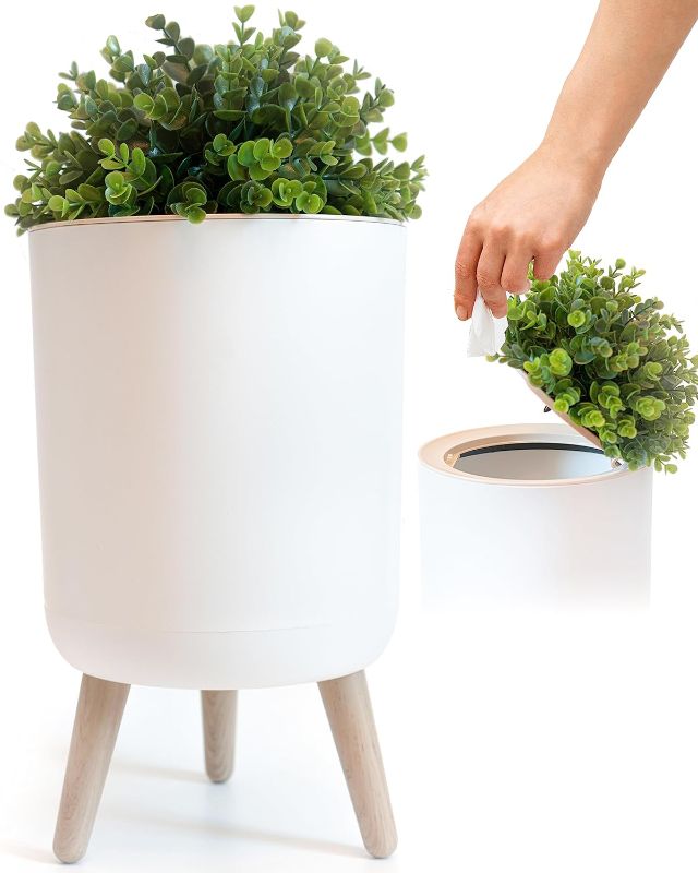 Photo 1 of Earth & Mango Small Bathroom Trash Can with Lid, Small Bathroom Garbage Can with Plant Style Lid, 1.8 Gallon, White, Perfect for Bedroom, Office, and Bathrooms, Trash Bin That Looks Like a Plant
