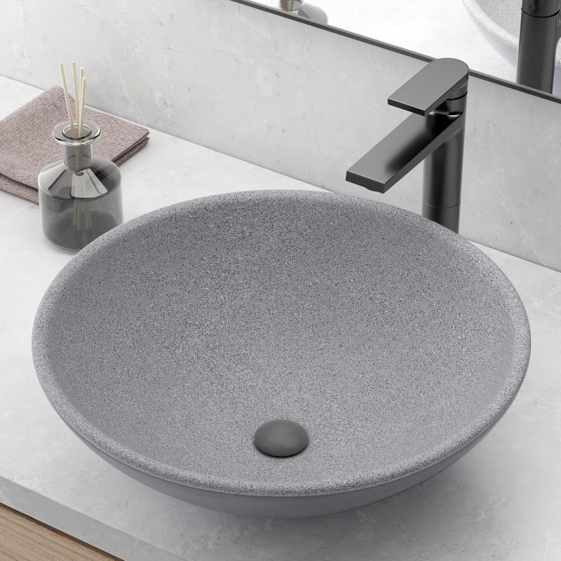 Photo 1 of Vessel Sink 16" Round Bathroom Sink, Countertop Bathroom Vessel Sink Concrete Small Bathroom Sink Bowl Above Counter Vessel Sink for Bathroom Modern bathroom sink bowl with Frosted Surface Dark Grey
