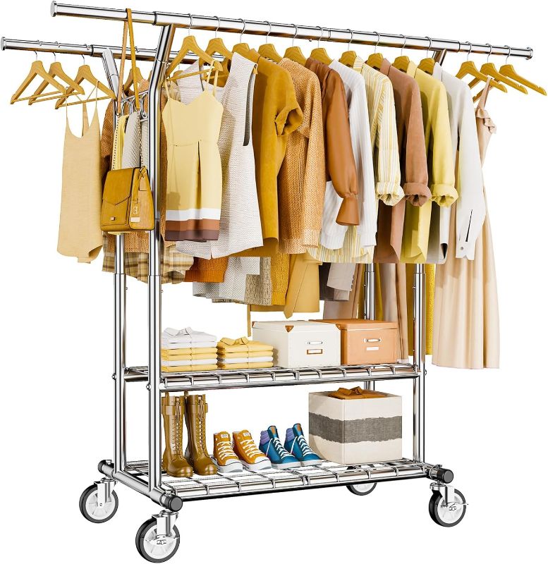 Photo 1 of Heavy Duty Clothes Rack, Rolling Clothing Rack With Shelves Load 620 LBS, Double Rod Clothing Racks for Hanging Clothes, Portable& Adjustable Clothes Rack with Wheels Garment Rack
