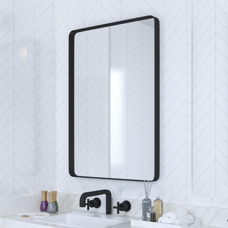 Photo 1 of Black Metal Framed Bathroom Mirror for Wall, 22 x 30 Inch Rounded Rectangle Matte Black Bathroom Vanity Mirror Farmhouse, 1/4-inch Shatterproof Glass | Ultra-Flush Hanging
