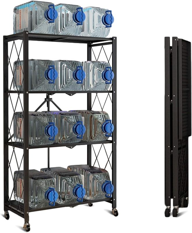 Photo 1 of Storage Shelves, Closet Organizers and Storage 4-Shelf Foldable Metal Shelving Units 28" W x 14" D x 50" H for Garage Kitchen Bakers, Collapsible Organizer Rack, Heavy Duty on Wheels (4 -Shelf)

