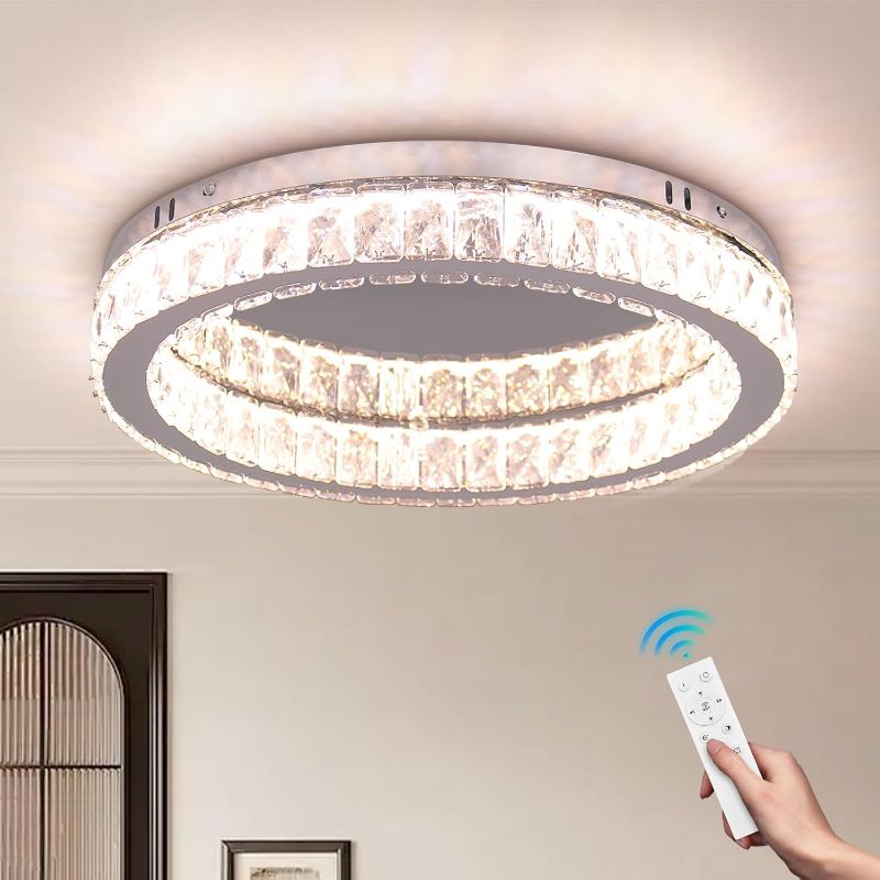 Photo 1 of Fintonglan 17.7" Dimmable Crystal LED Ceiling Light Fixture Modern Round Chandelier Low Profile Ceiling Lamp with Remote Control for Living Room, Dining Room, Kitchen 48W

