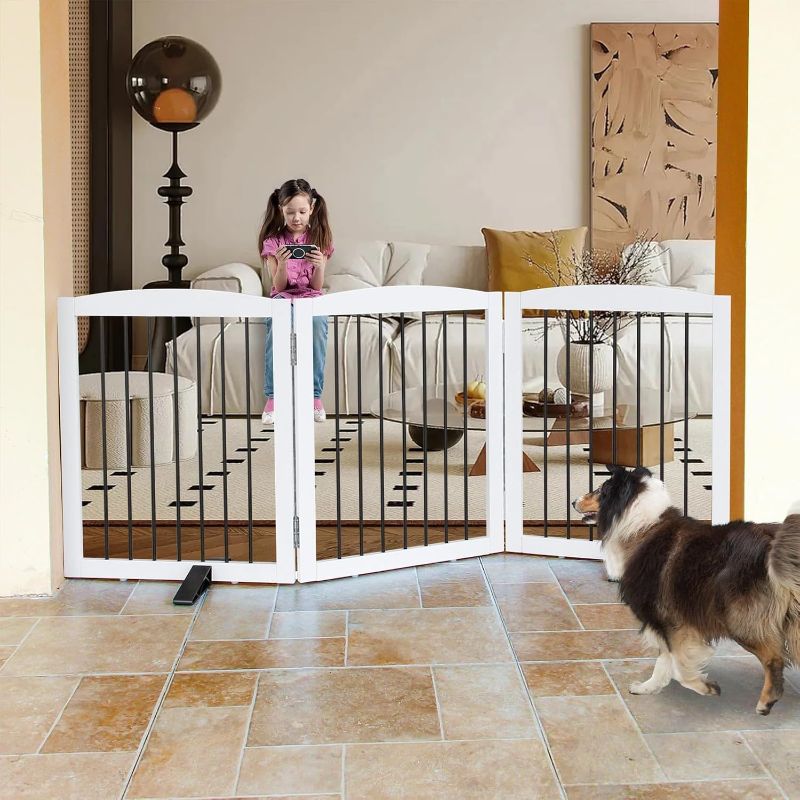 Photo 1 of ZJSF Freestanding Panel Dog Gate for Indoor, Doorways,Stairs, or Hallways,Foldable Wooden White Pet Gates for House,Pet Gate for Dogs,Dog Fence, Puppy Gate,Support Feet Included,24 "Height-3 Panels
