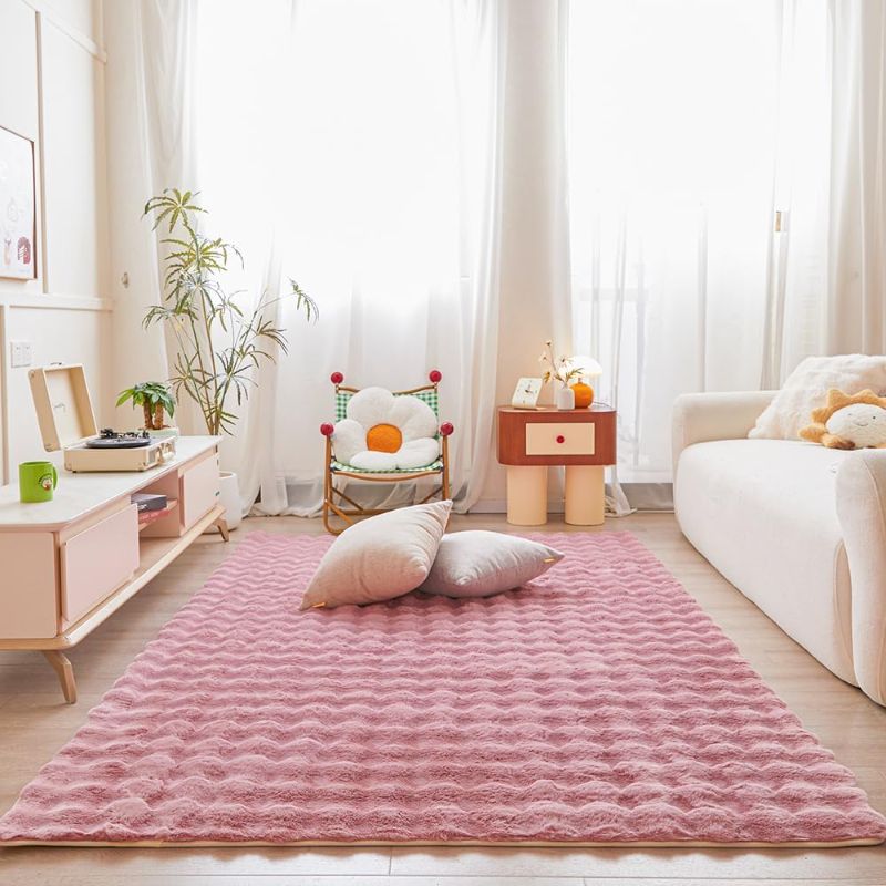Photo 1 of Pink Rabbit Plush Area Rug for Bedroom Living Room Sofa,5'X8' Faux Fur Fluffy Shaggy Rectangular Square Rug for Kids Teen Girls Room,Furry Carpet Rug for Nursery Baby Room Decor for Teenage
