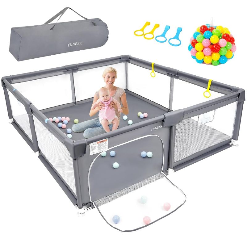Photo 1 of Large Baby Playpen for Babies and Toddlers 75x51 Play Pen for Babies 6-12 Months Play Yard for Toddlers 1-3 for Baby Pack and Play Fence Gate Portable Playpen with Colorful Balls Pull Up Ringss Grey
