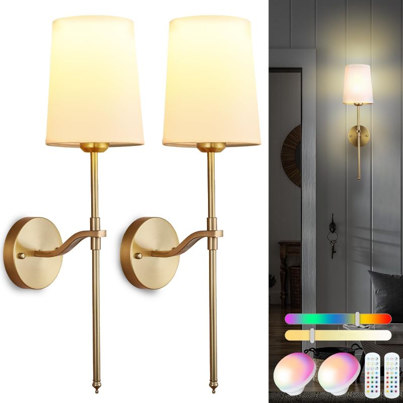 Photo 1 of Wall Lights Battery Operated Wall Sconces Set of 2, Gold Rechargeable Wall Sconce with 15 RGB Dimmable Detachable Bulbs and Remote, Wireless Battery Powered Wall Lamp for Living Room Bedroom
