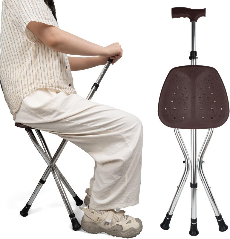 Photo 1 of Cane with Seat Folding Lightweight,Walking Stick Height Adjustment,Cane Chair for Seniors Balance Supports Up to 330 Pounds,Anti-Slip Walking Stick for Elderly Men, Disabled

