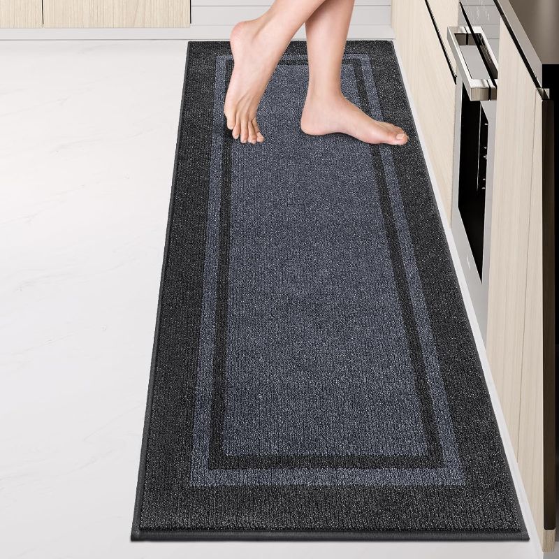 Photo 1 of Kitchen Rugs 24" x 84", Non-Slip Machine Washable Kitchen Runner Rugs Floor Mats, Absorbent Comfort Standing Mats for Kitchen, Sink, Laundry and Hallway, Rolled Packaging, Bluish Grey & Charcoal
